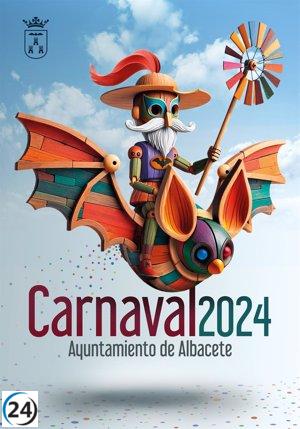 Espectacular presencia del Quijote en el Carnaval de Albacete, deslumbrando a todos con su escudo montado en vuelo, diseñado por el talentoso Juan Diego Ingelmo.